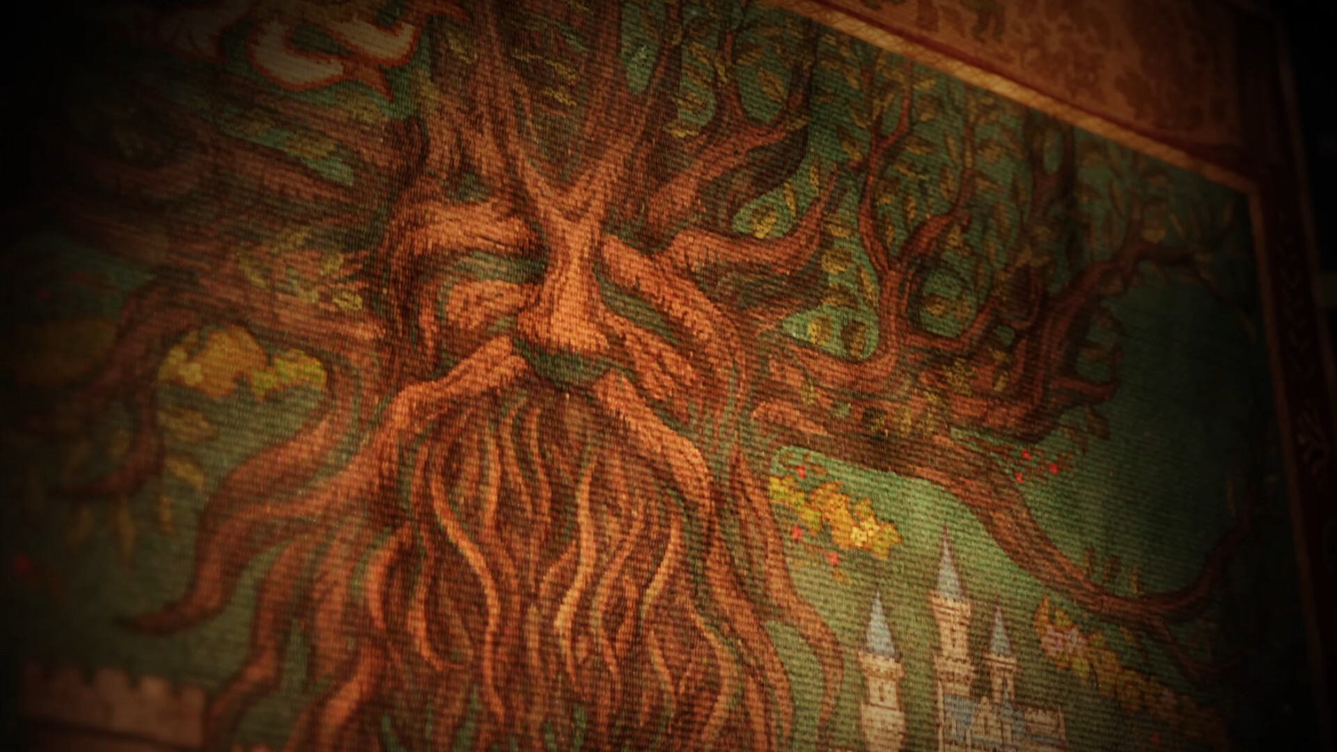 The Legend of Zelda: Ocarina of Time trailer showing a tapestry of the deku tree towering over hyrule castle