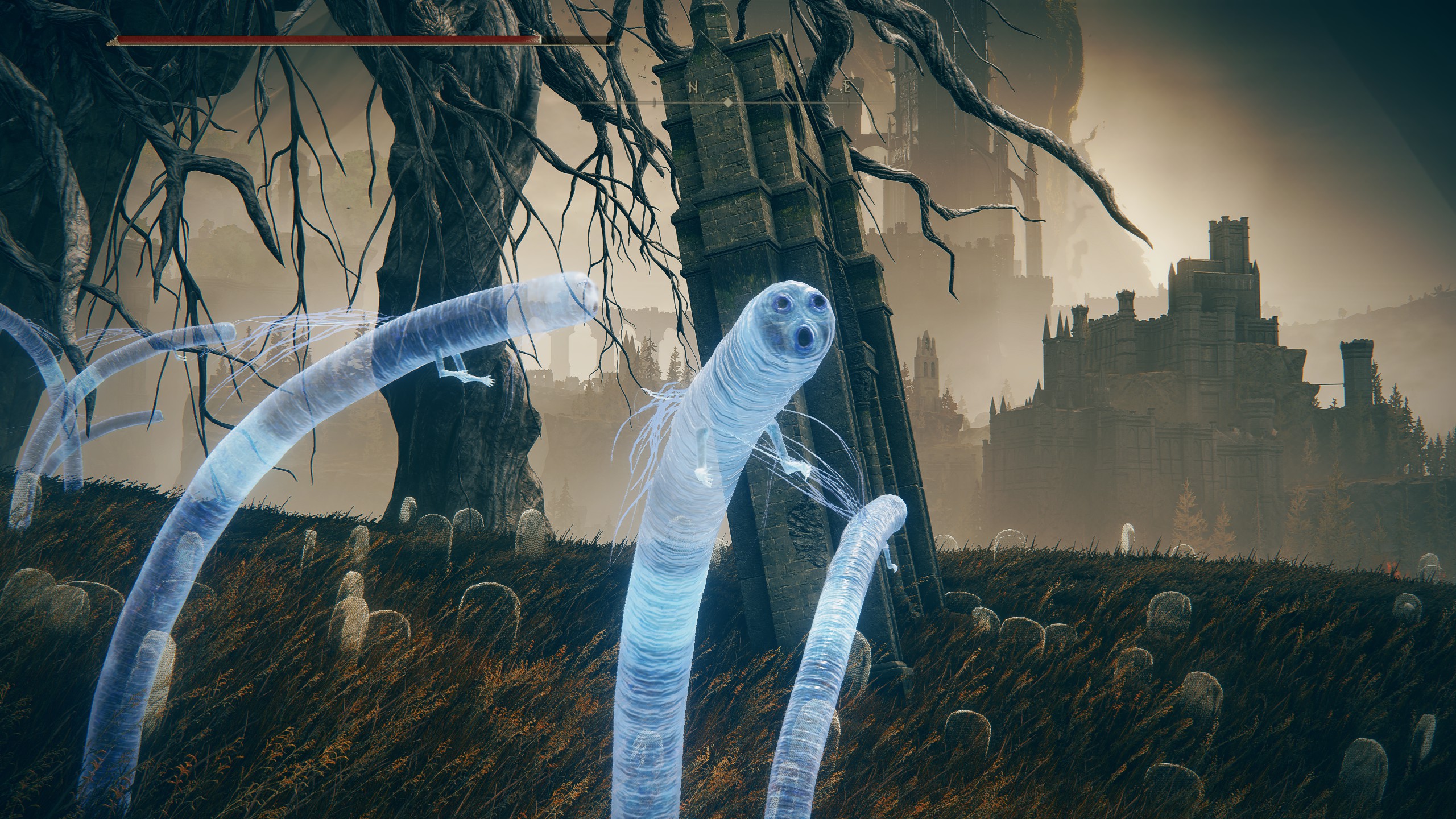 Elden Ring blue glowing worm guys hanging out in the Gravesite Plain