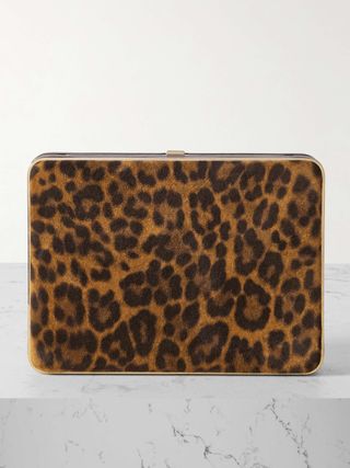 Compact Leather-Trimmed Leopard-Print Suede Clutch