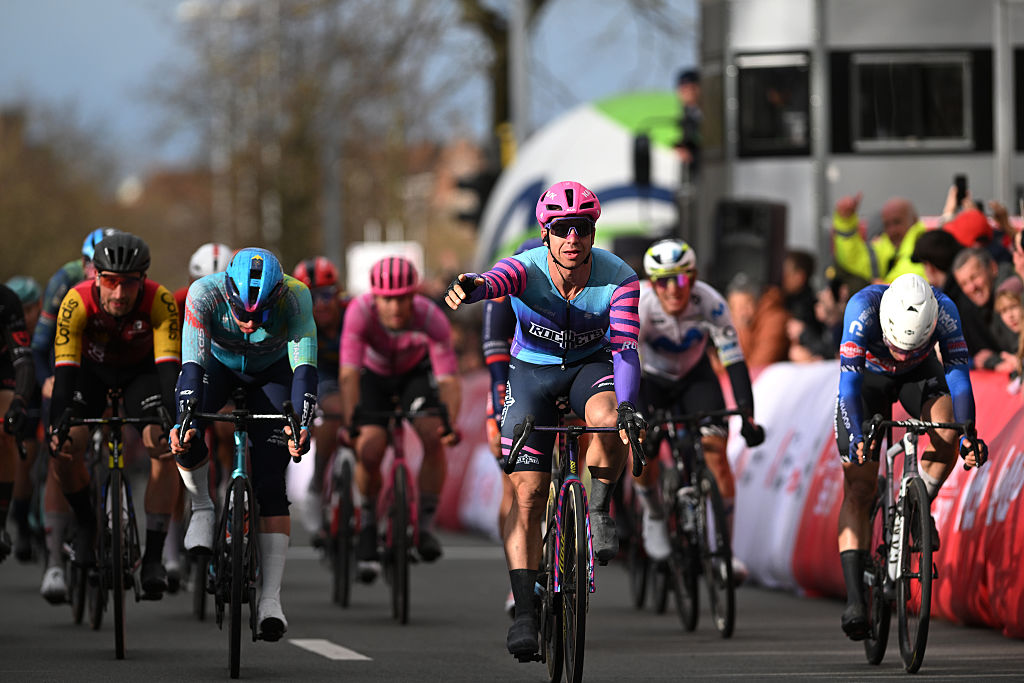 BRUGES, BELGIUM - MARCH 25: Dylan Groenewegen of Netherlands and Team Unibet Rose Rockets celebrates at finish line as race winner during the 50th Ronde Van Brugge - Tour of Bruges 2026 - Men&amp;amp;apos;s Elite a 202.9km one day race from Bruges to Bruges / #UCIWT / on March 25, 2026 in Bruges, Belgium. (Photo by Luc Claessen/Getty Images)