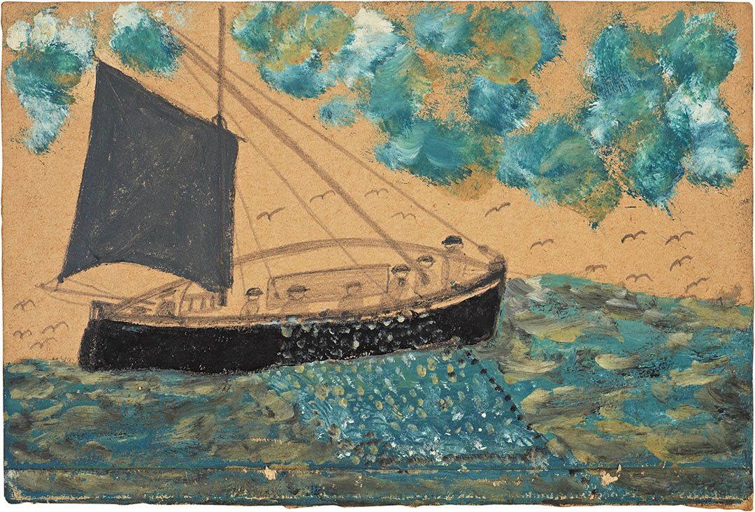 Ship with seven men, net and gulls by Alfred Wallis.