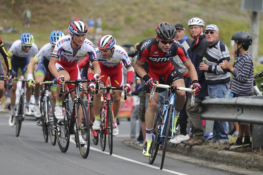 Cadel Evans on the front of the chase group