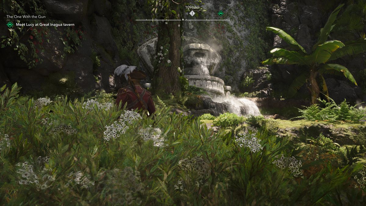 Black Flag treasure maps: Edward standing in long grass next to a Mayan water feature.