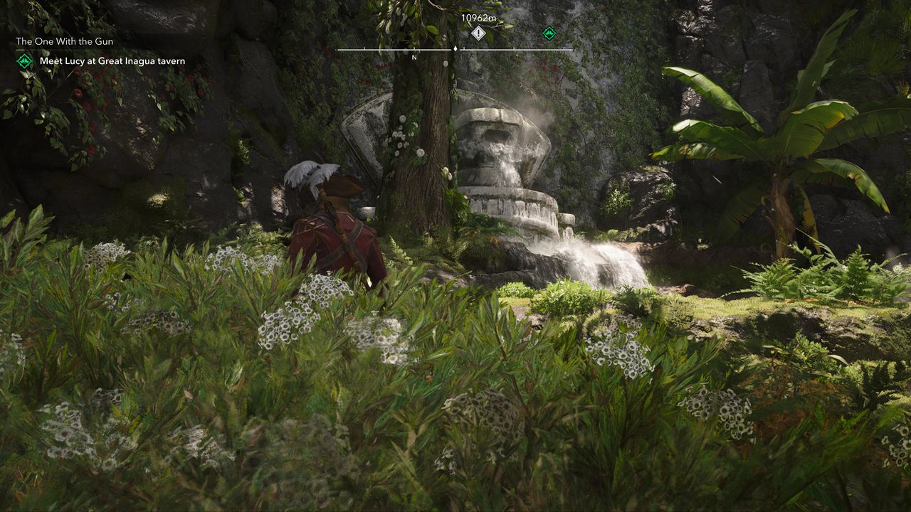 Black Flag treasure maps: Edward standing in long grass next to a Mayan water feature.