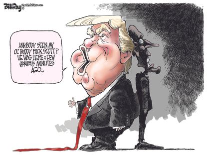 Political cartoon U.S. Trump Rick Scott fundraising Florida election