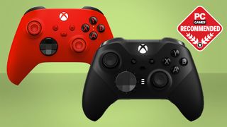 Two controllers on a green background with the PC Gamer recommends badge.