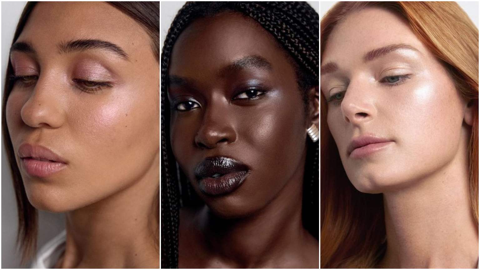 kosas shiny objects on models Left to right: Glimmerose on the eyes and cheeks, Opaline on the eyes and cheeks, Haloed on the eyes and cheeks.