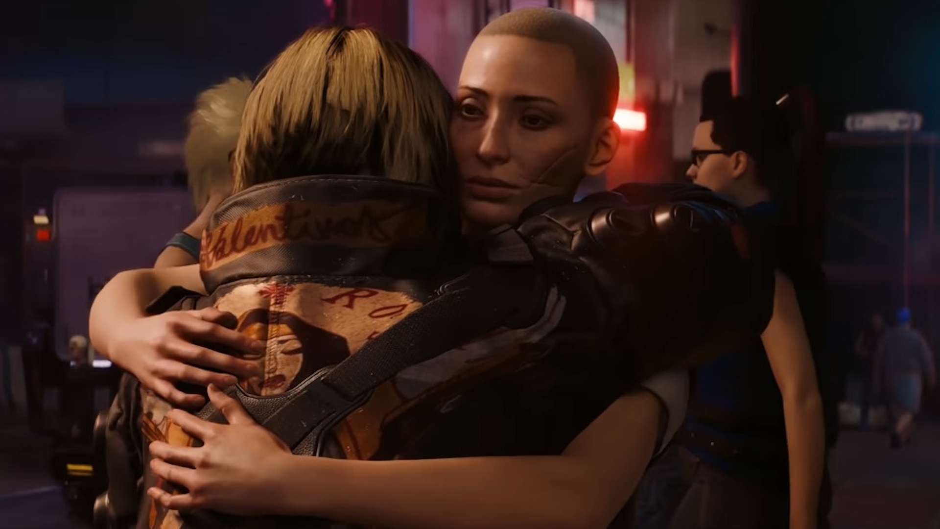 Cyberpunk 2077 characters hugging