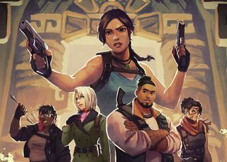 Lara Croft and a group of adventurers in the Tomb Raider tabletop RPG.