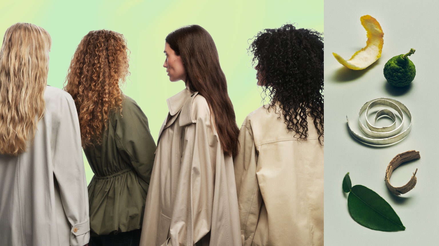 four women with trench coats and air-dried hair on a green background facing away from the camera