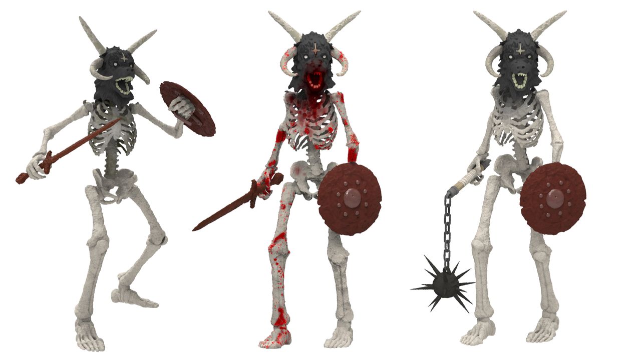 A lineup of Mork Borg Dread Risen action figures with accessories