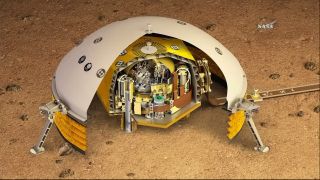 Artist's illustration of InSight's Seismic Experiment for Interior Structure (SEIS) instrument on the Red Planet's surface.