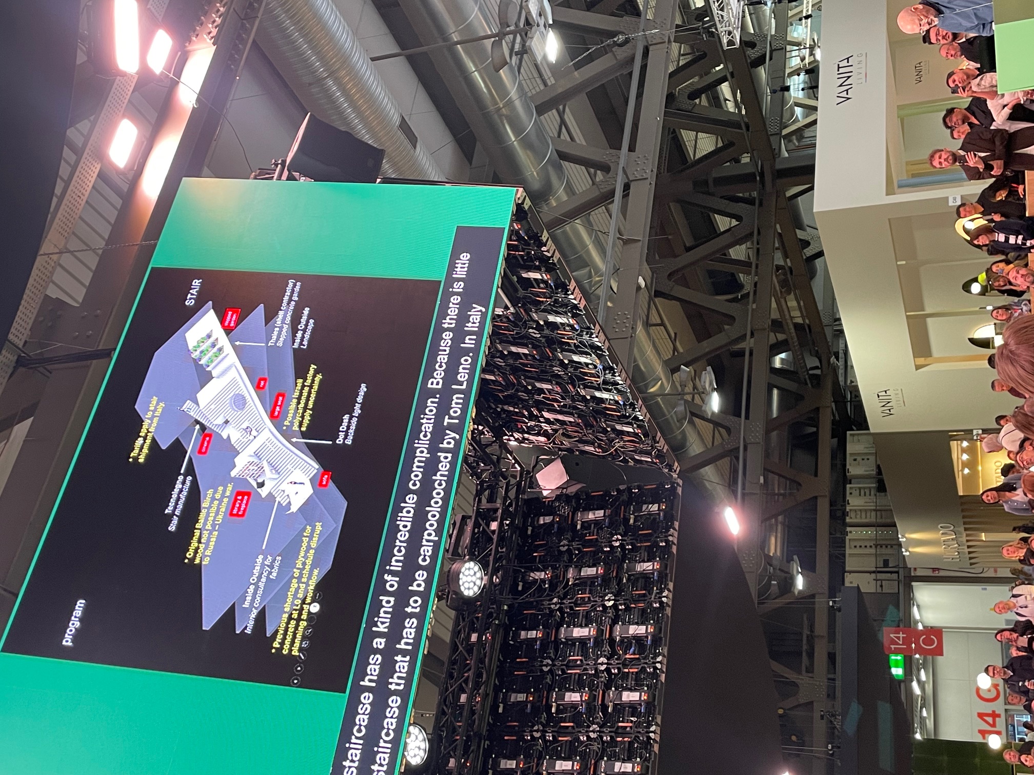 Rem Koolhaas presenting for the Salone Contract Forum 2026, showing a diagram of the different contract components in a new house in Miami