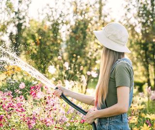 woman watering the garden with a hose