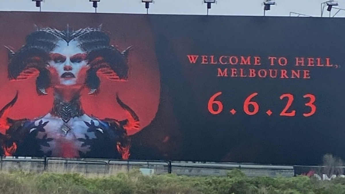 A billboard of Lilith, a horned devilish antagonist from Diablo 4, looming at the viewer, with the words: &quot;Welcome to Hell, Melbourne&quot; to the right of her.