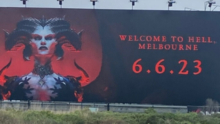 A billboard of Lilith, a horned devilish antagonist from Diablo 4, looming at the viewer, with the words: "Welcome to Hell, Melbourne" to the right of her.