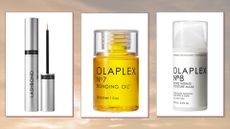 A collage of Olaplex products, (L to R) including the Lashbond serum, No.7 Bonding oil and No.8 Bond Intense mask, in a beige to grey sunset-style template