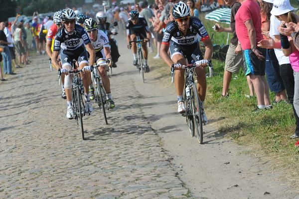 Fabian Cancellara motors his way across the cobbled sector.