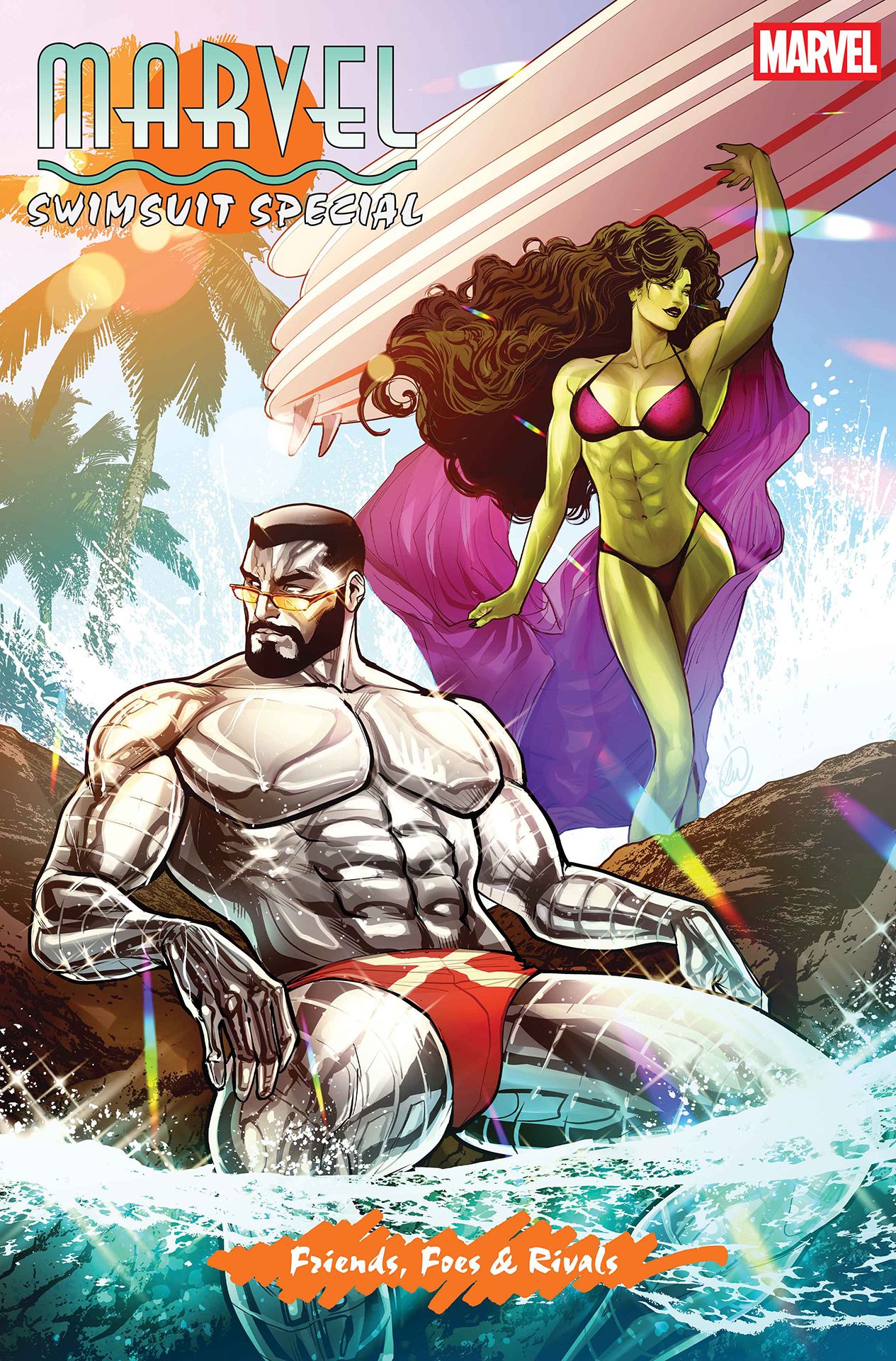 Colossus lounging in his X-Men speedo while She-Hulk lifts a boat