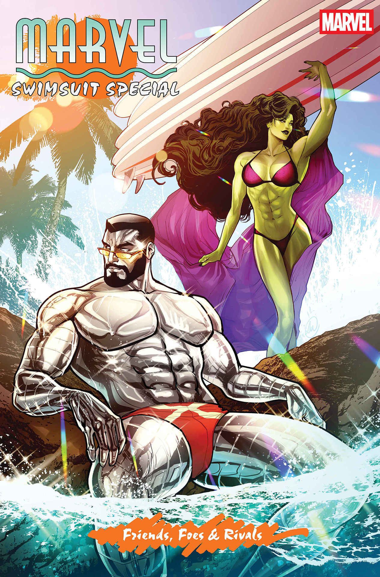Colossus lounging in his X-Men speedo while She-Hulk lifts a boat