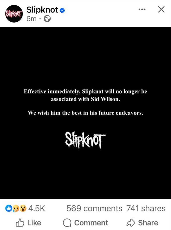 Slipknot Facebook post announcing Sid Wilson's departure