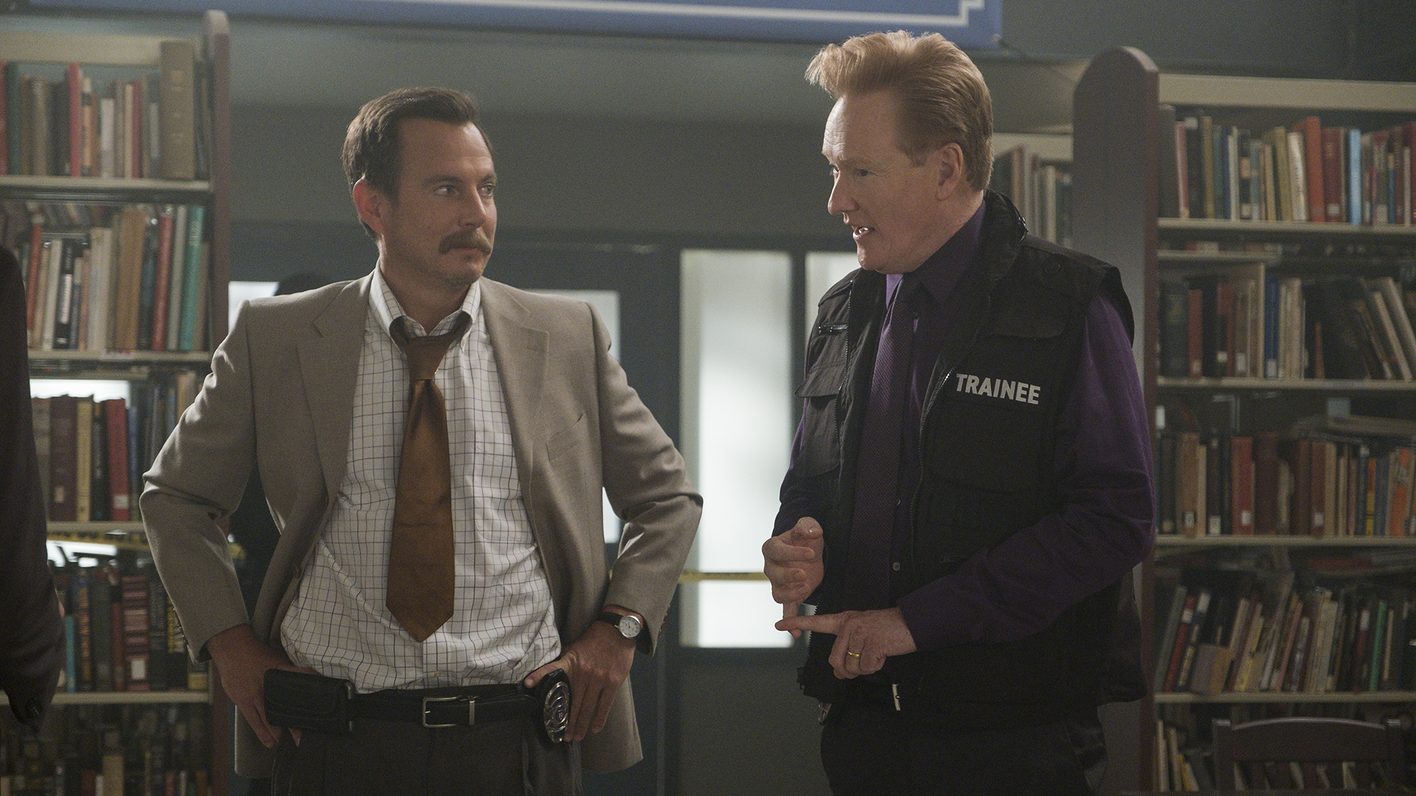 (L to R) Conan O'Brien as Guest 101, Will Arnett as Terry Seattle in episode 101 of Murderville, one of the best netflix comedies