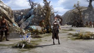 A mage stands with other characters in an outdoor wooded area in Lost Ark