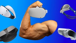A bicep curling a Meta Quest 2 with a Vive XR Elite, Pico 4, PS VR2, and potential Apple VR headset to the side