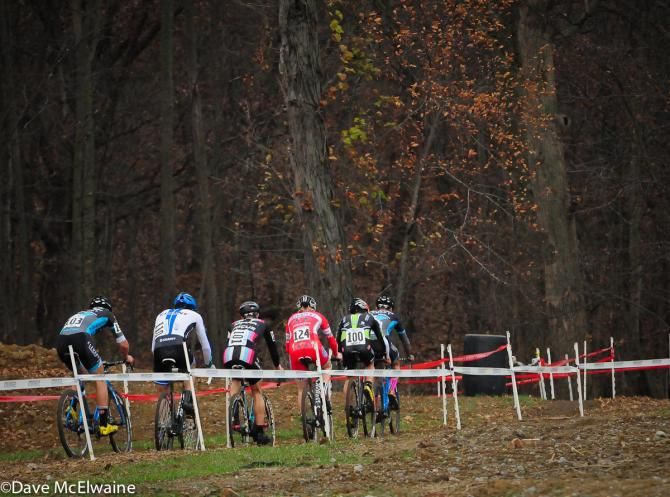 Ben Berden (Raleigh Clement) leads five other riders into the woods