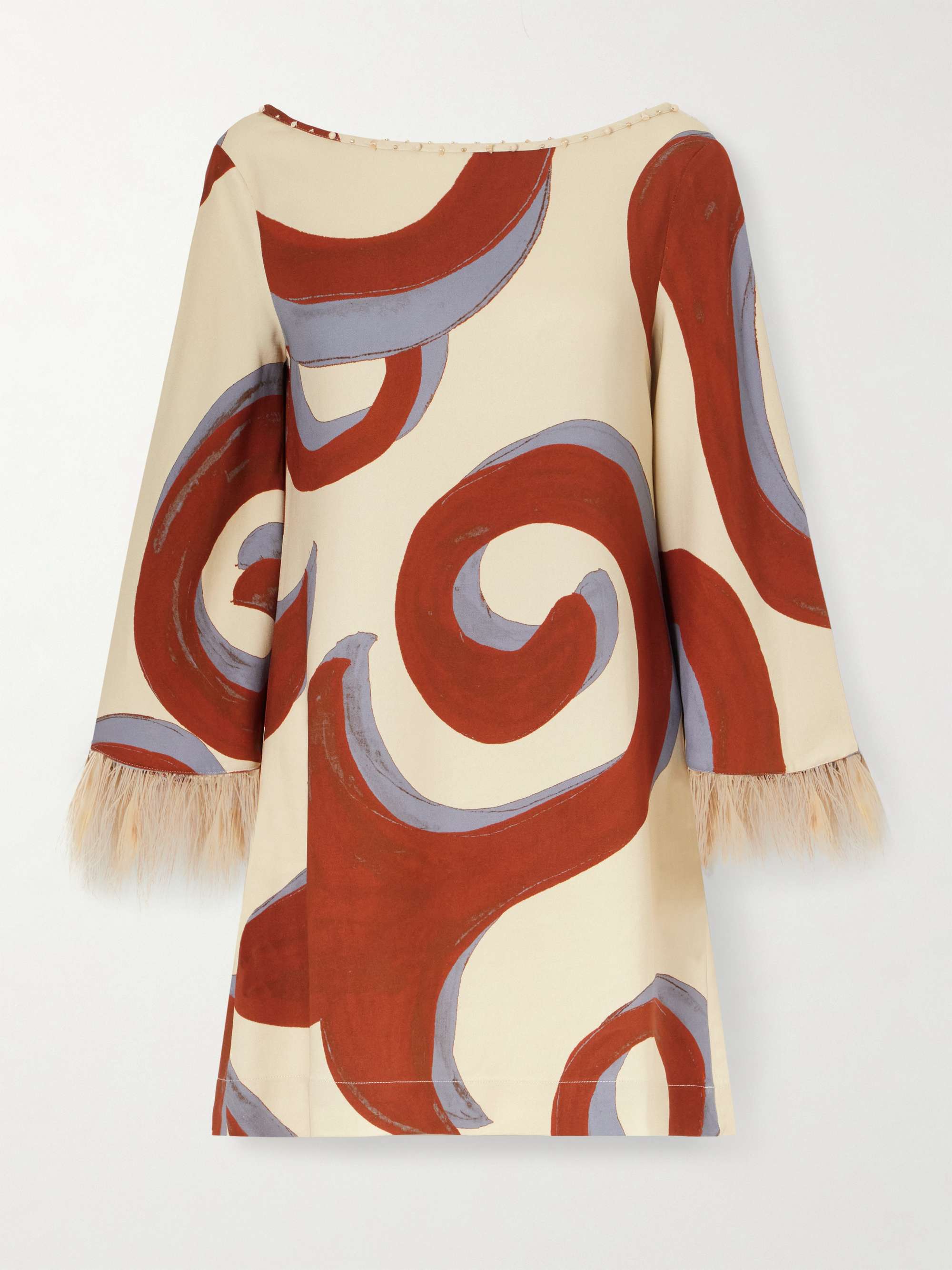 Kyra Sabra Feather-Trimmed Printed Crepe Mini Dress