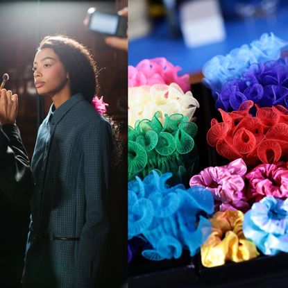 a woman getting makeup applied next to a tray of colorful scrunchies