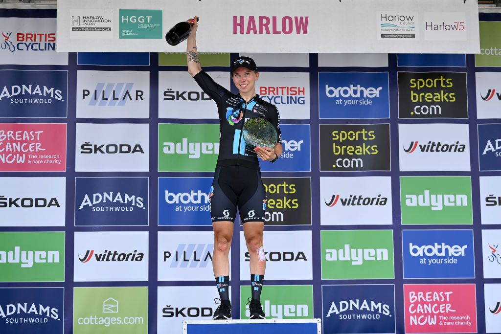 HARLOW ENGLAND JUNE 07 Lorena Wiebes of Netherlands and Team DSM celebrates at podium as stage winner during the 8th The Womens Tour 2022 Stage 2 a 921km stage from Harlow to Harlow WomensTour UCIWWT on June 07 2022 in Harlow England Photo by Justin SetterfieldGetty Images