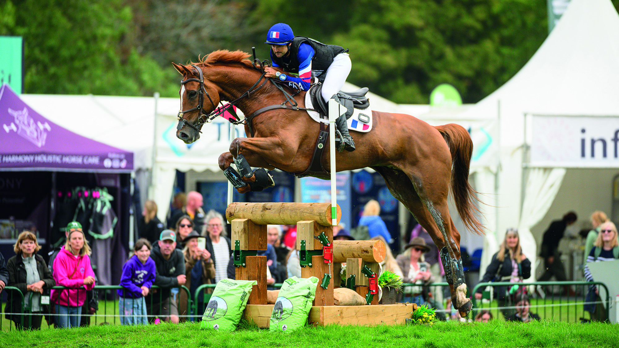 A French rider in national colours, Benjamin Massie, rides chestnut horse Figaro Fonroy over a narrow triple bar arrowhead on the Blenheim cross-country course at the 2025 European Championships