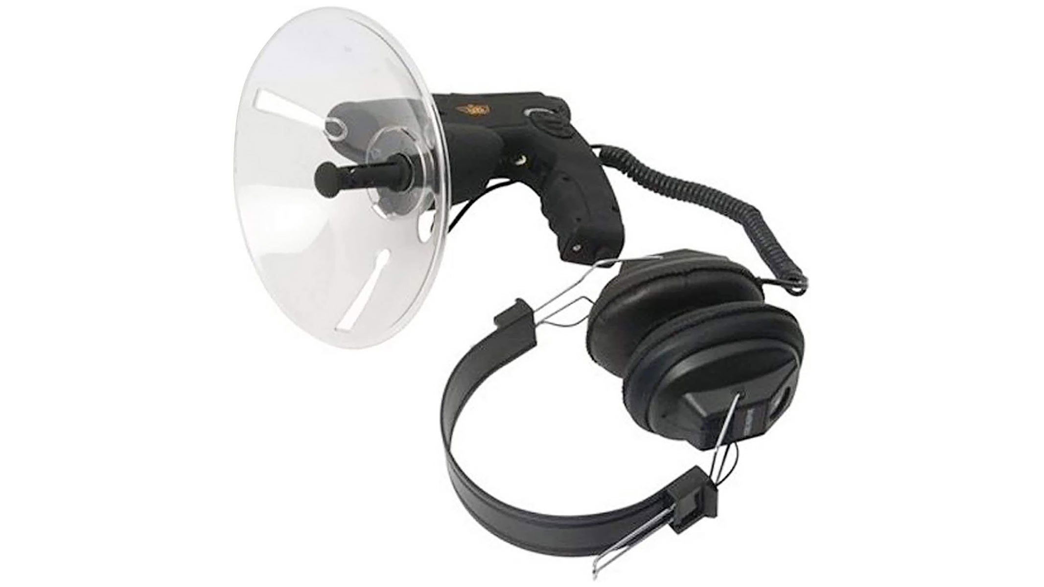 A portable parabolic microphone monocular and headphones attached on a white background