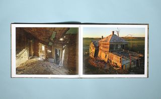 Moore's journey runs the length of this north-south line, and was chronicled with a combination of traditional large-format landscape photography and a specially developed aerial survey, using a wing-mounted digital camera to gain a unique perspective on the landscape. Pictured left: Thorne House Interior, Jones County, South Dakota, 2014; right: Capa Hotel and Bathhouse, Jones County, South Dakota, 2014