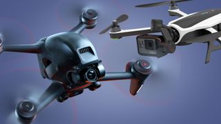 The DJI FPV drone flying next to the GoPro Karma