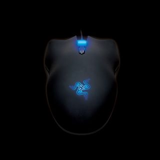The mouse wheel clicks when you scroll with it, and both it and the Razer logo at the bottom of the mouse glow either blue or white, depending on the specific Lachesis model.