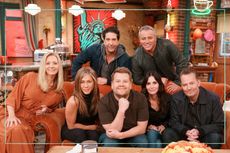 Lisa Kudrow, Jennifer Aniston, Courtney Cox, David Schwimmer, Matt LeBlanc, and Matthew Perry join James Corden for a Friends Reunion Special during The Late Late Show with James Corden