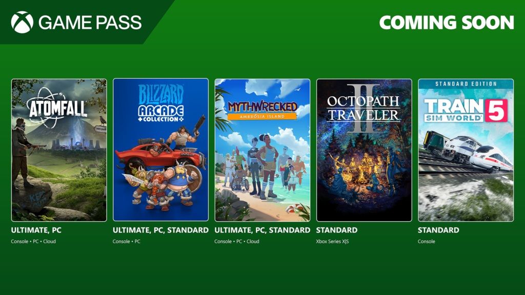 Banner showing Atomall, Blizzard Arcade Collection, Mythwrecked, Octopath Traveler 2, and Train Sim World 5 coming to Xbox Game Pass