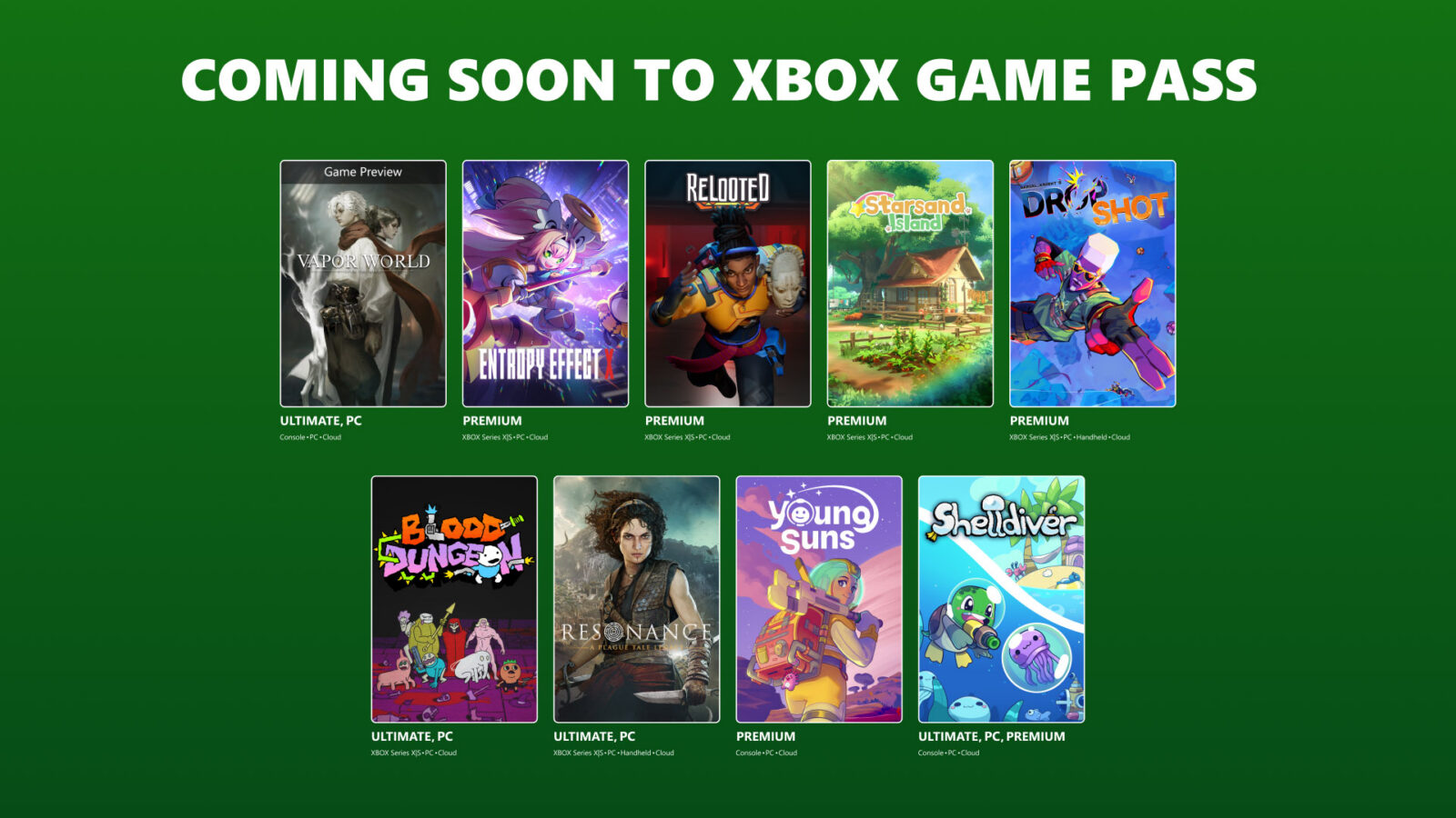Promo showing nine upcoming titles arranged in two rows. Each tile displays the game&rsquo;s cover art and platform availability, under the header &ldquo;Coming soon to Xbox Game Pass.&rdquo;