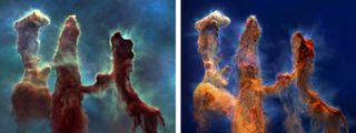 The Hubble version of the model of the Pillars of Creation pn the left, and the James Webb version on the right