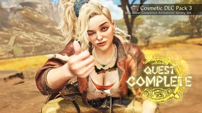 Monster Hunter Wilds screenshot of blonde smith Gemma crouching