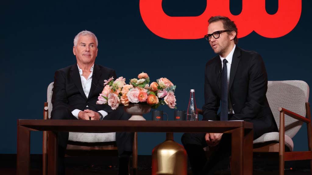 The CW president Dennis Miller and entertainment president Brad Siegel at the network&#039;s 2024 TCA Winter Press Tour session. 