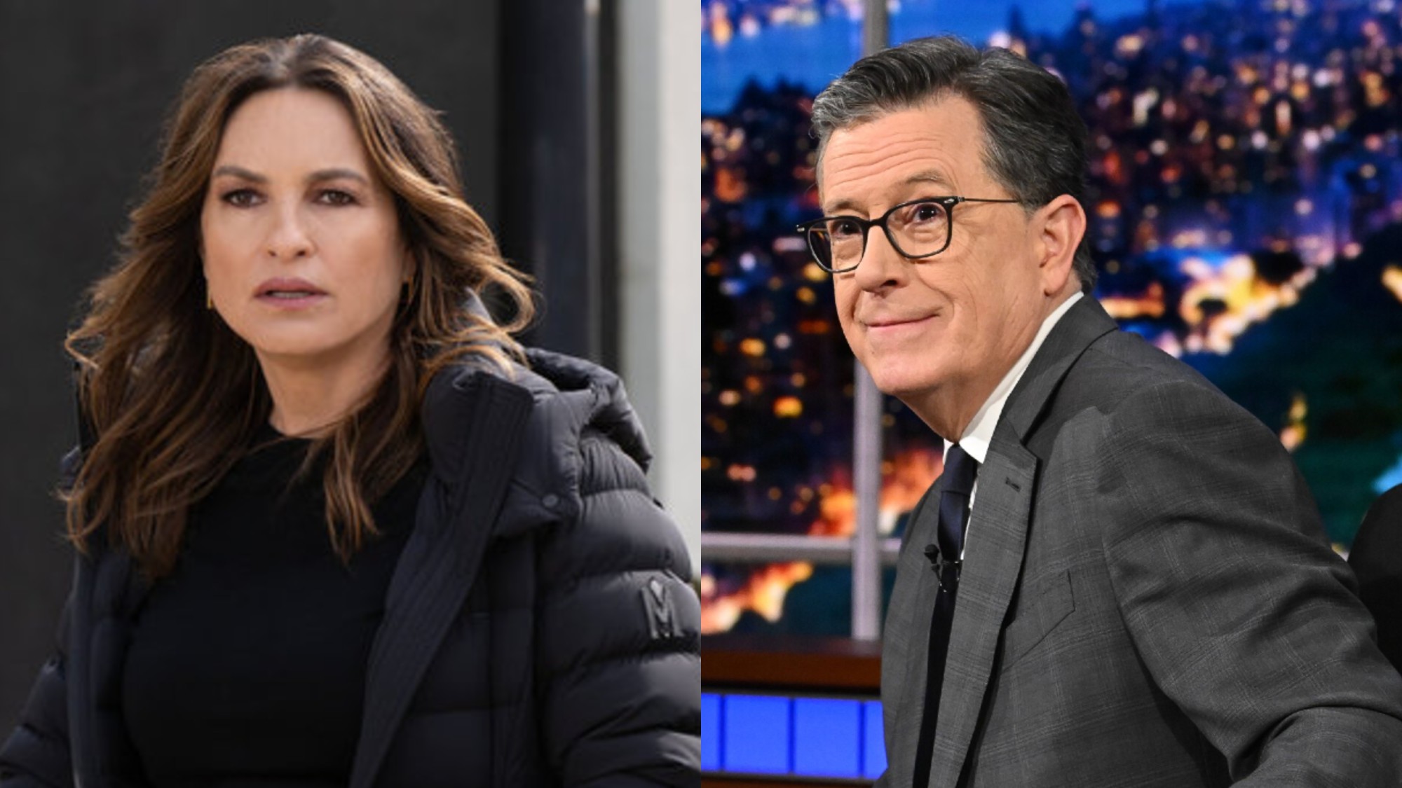 From L to R: Mariska Hargitay as Olivia Benson on Law &amp; Order: SVU, Stephen Colbert on The Late Show.