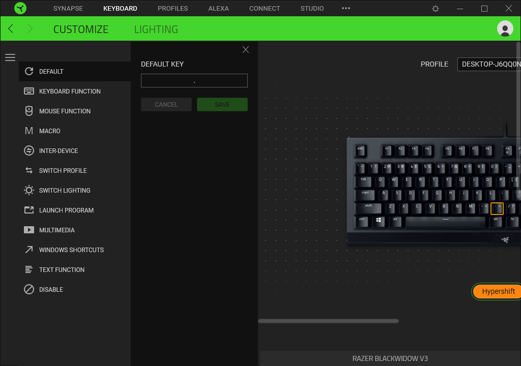 Razer Synapse Hypershift settings for BlackWidow V3