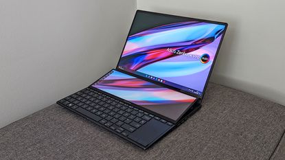 Asus ZenBook Pro 14 Duo OLED review on T3 colour background