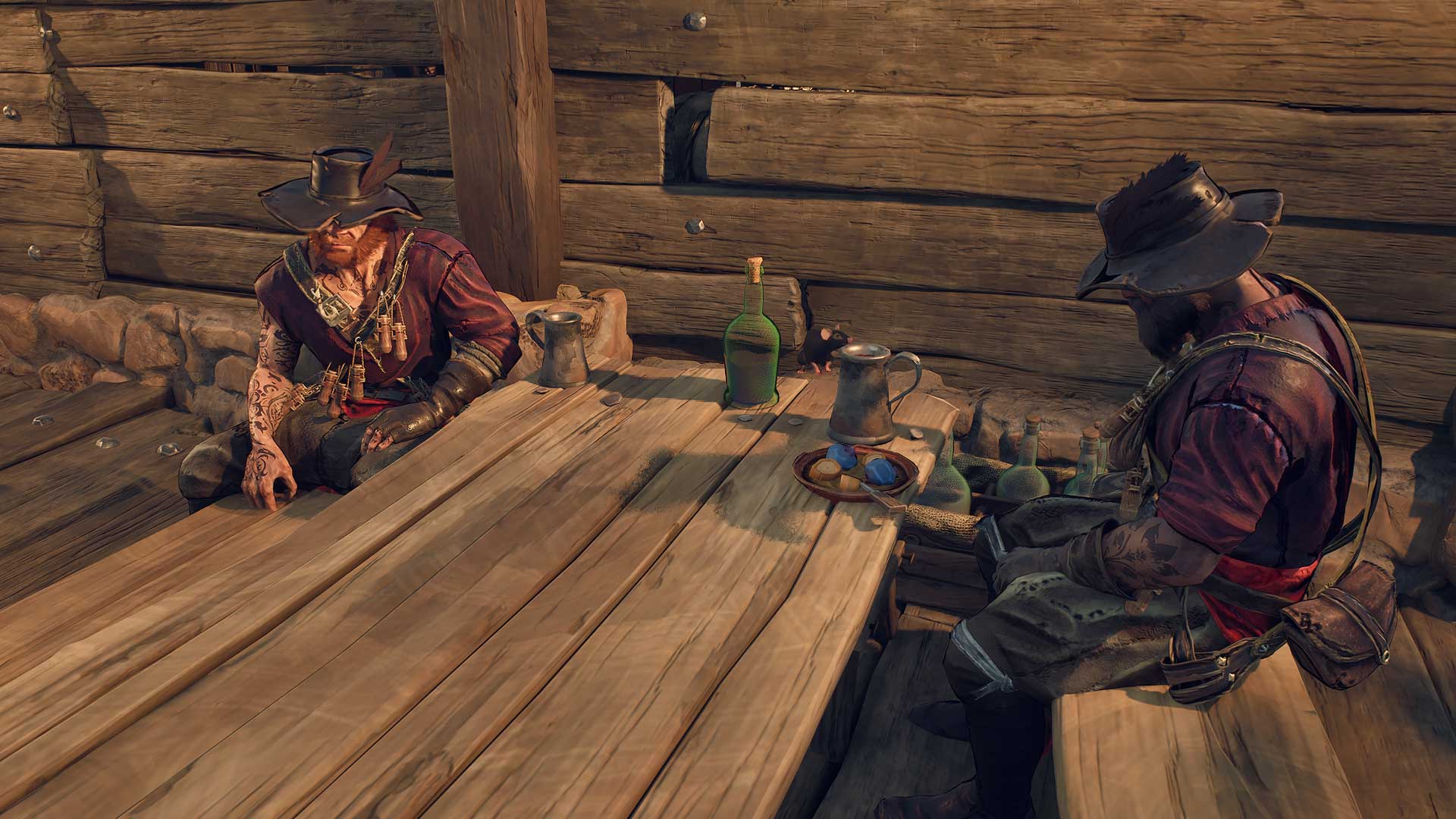 Windrose - Two pirates sitting at a table drinking and eating