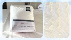 Two images of the Fogarty Temperature Balance Mattress Protector - one of the packagaing and one of the texture on the bed