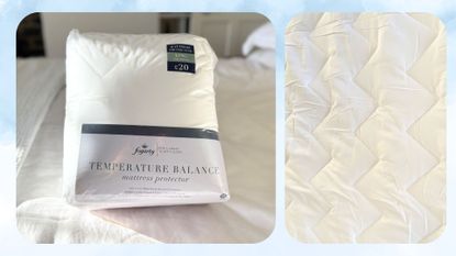 Two images of the Fogarty Temperature Balance Mattress Protector - one of the packagaing and one of the texture on the bed