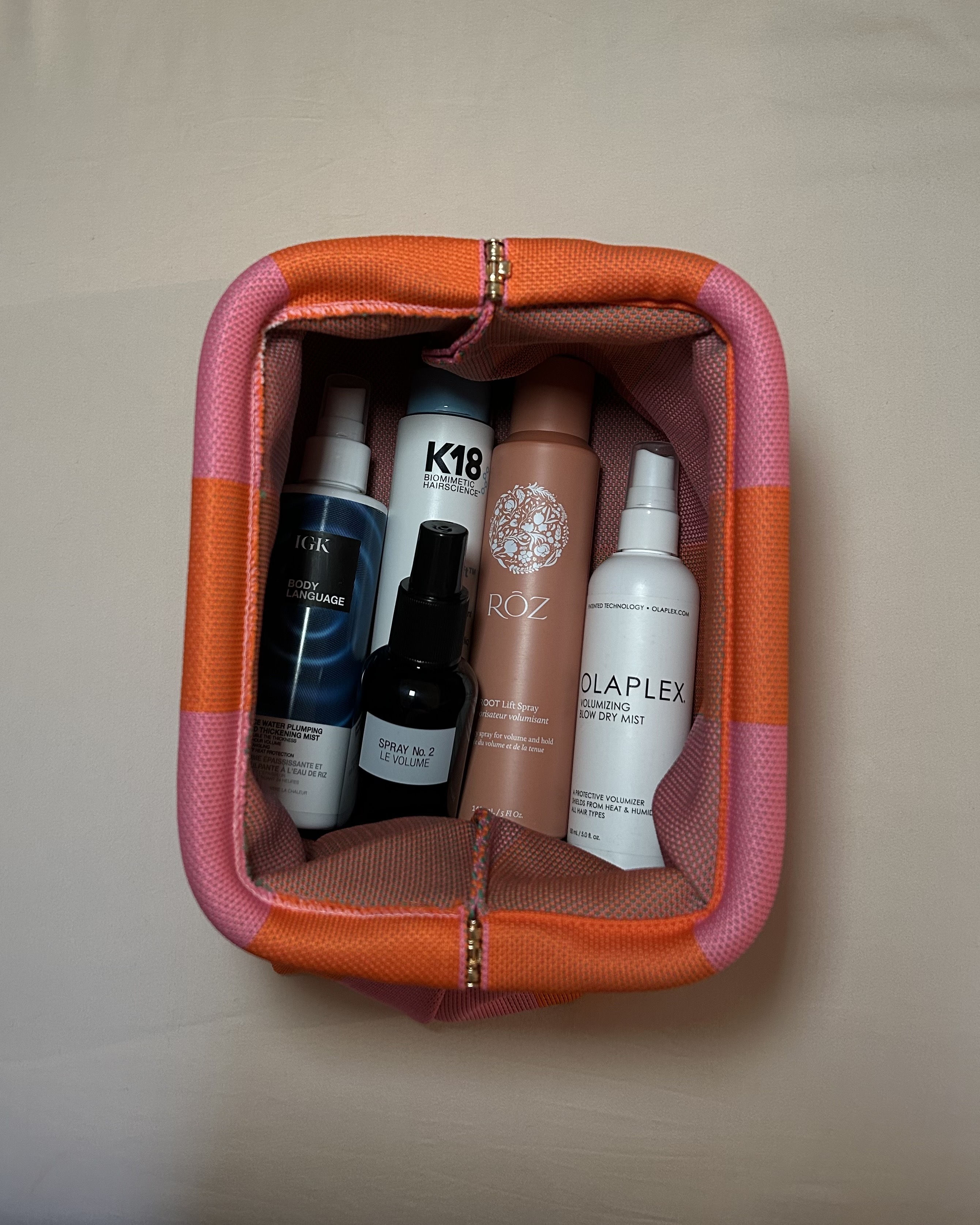 Alyssa Brascia&#039;s bag of hair volumizing sprays.